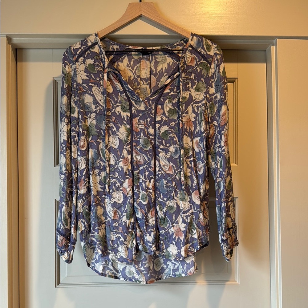 Lucky Brand Blue and Cream 3/4 Sleeve Relaxed Blouse